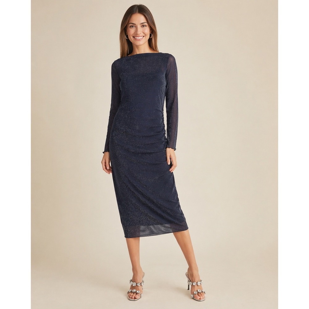 Miou Muse Navy Blue Metallic Shimmer Ruched Mesh Midi Dress Small D2745 NEW